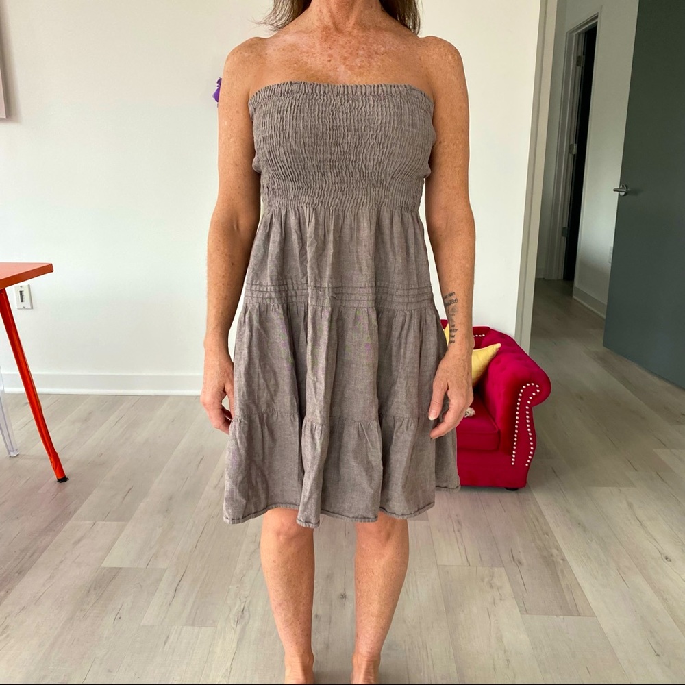❤️ Speed Control Taupe Neutral Strapless Ruffle Dress